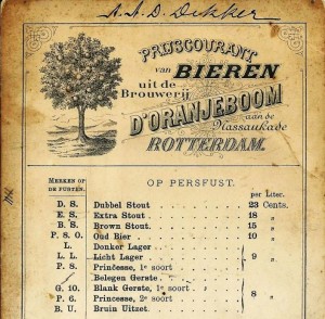 Prijscourant Oranjeboom ca. 1885