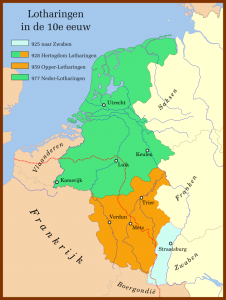 Lotharingen in de tiende eeuw. In rood de taalgrens. Bron: Wikipedia.