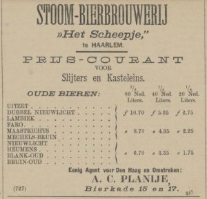 Prijslijst van brouwerij 't Scheepje in Haarlem uit 1883. Men maakte er lambiek, faro en nog wat Belgische bieren. Uit: Haagsche courant 2-6-1883