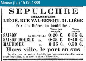 Saison en double saison te koop in Luik, 1886. 19e-eeuwse bronnen voor saison in Luik zijn er legio, terwijl daarbij vergeleken het in Henegouwen bijna niet leek te bestaan.