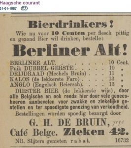 Café Belge in Den Haag beveelt zijn klanten 'pittig en gezond' Berliner Alt aan, 1887.