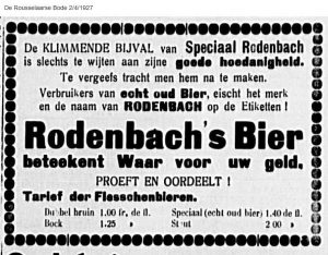 Het assortiment van Rodenbach in de jaren twintig: Dubbel bruin en Speciaal oud bier, maar ook bock en stout. De Rousselaarse Bode 4-2-1927.