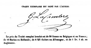 De handtekening van Lacambre, in een exemplaar van zijn boek. Het koste 20 frank in België en Frankrijk en 10 gulden in Nederland.