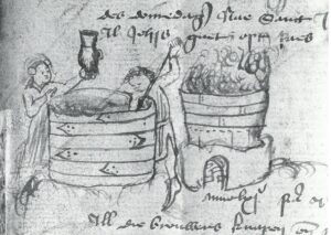Bierbrouwen in Kampen in de 15e eeuw, een afbeelding uit het 'Digestum vetus', een boek met de Kamper stadsnotulen uit die periode. Bron: Stadsarchief Kampen.