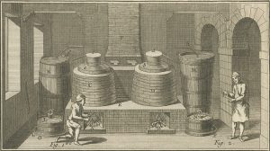 Een 18e-eeuwse distillateur aan het werk met zijn alambiek. Uit: Encyclopédie ou dictionnaire raisonné des sciences, des arts et des metiers (1751).