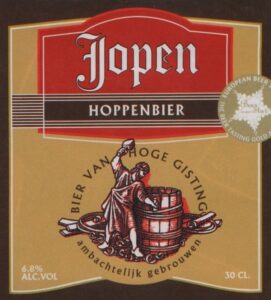 Het oude etiket van het Hoppenbier van Jopen, met prominent een (jopen-)vat in beeld.