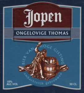 Een van de etiketten oude stijl van Jopen, met prominent afgebeeld een (jopen?-)biervat.