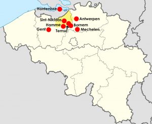 Kaart met plaatsen genoemd in dit artikel. In geel is de ligging van het Land van Waas aangegeven.